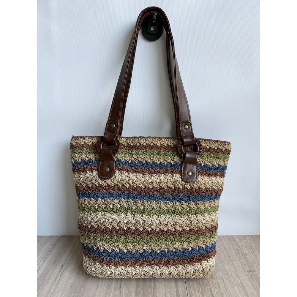 Crochet Stripe Shoulder Bag Woven Knit Tote Boho Earthy Cottagecore Purse